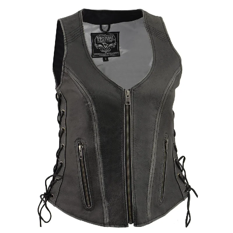 Women's Formal Event Attire Milwaukee Leather Women's V-Neck Distress Grey Premium Leather Motorcycle Rider Vest w/ Side Laces MLL4531