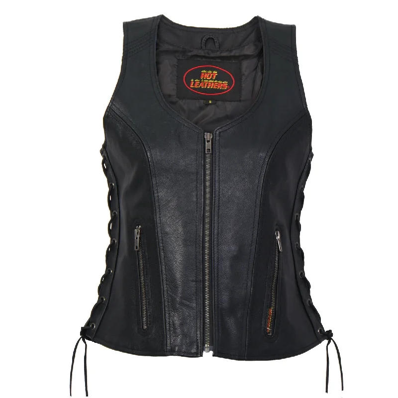 Women's High-Fashion Attire Hot Leathers VSL1013 Ladies Black Leather Side Lace Zip-Up Vest