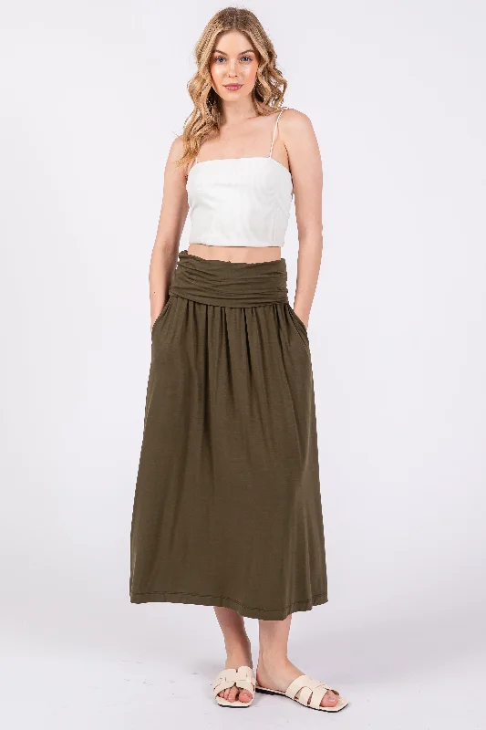 Unique Women's Fashion Pieces Olive Fold-Over Maxi Skirt