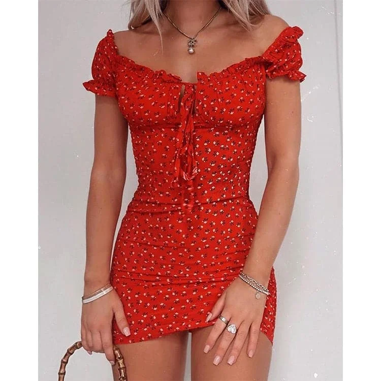 Women's Resort Garments DressBetty - Floral Wrap Off Shoulder Tie Up Front Ruffle Slash Neck Dress