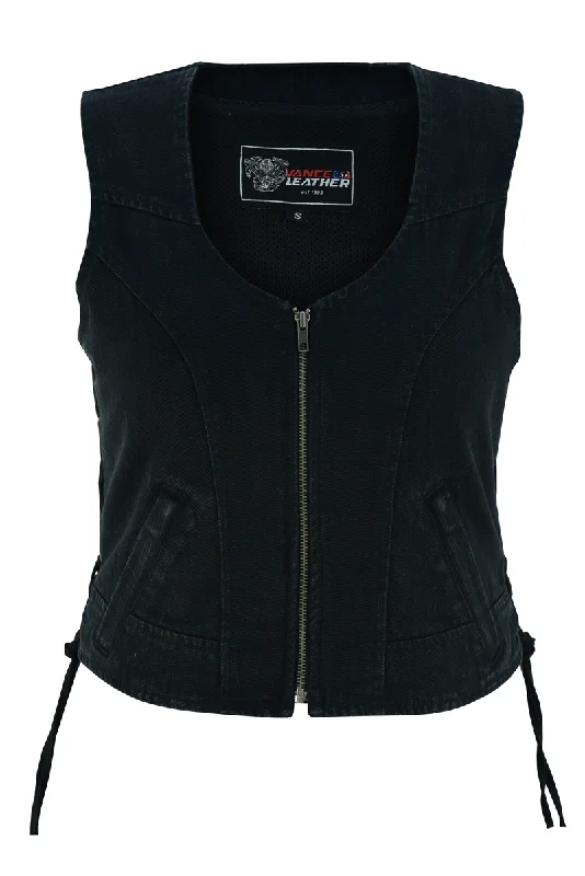 Women's Tailored Outfit VB1042 Women's Black Denim V Neck Vest with Zipper & side laces