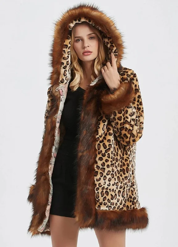 Online Clothing Boutiques Womens Leopard Print Hooded Faux Fur Collar Jacket