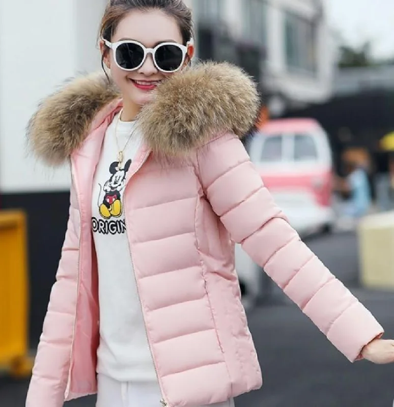 Women's Apparel And Garments Womens  Hooded Slim Fit Winter Zip Up Short Coat in Pink