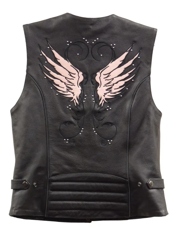 Women's Athletic Apparel Milwaukee Leather XS1293 Ladies ‘Winged’ Black and Pink Studded Leather Vest