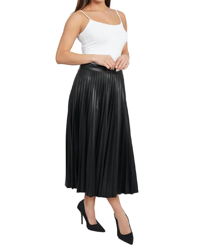 Women's Weekend Outfit Faux Leather Pleated Midi Skirt In Black