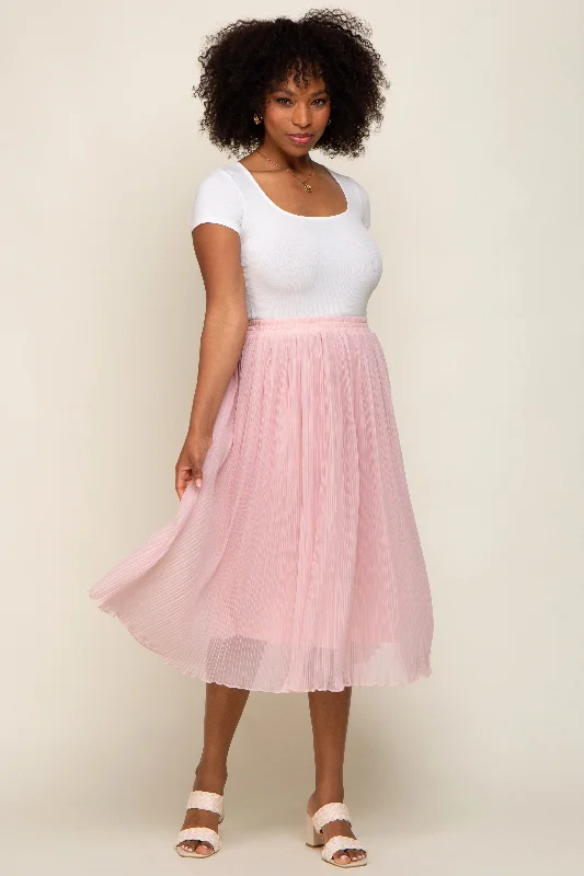 Women's Casual Attire Pink Pleated Midi Skirt