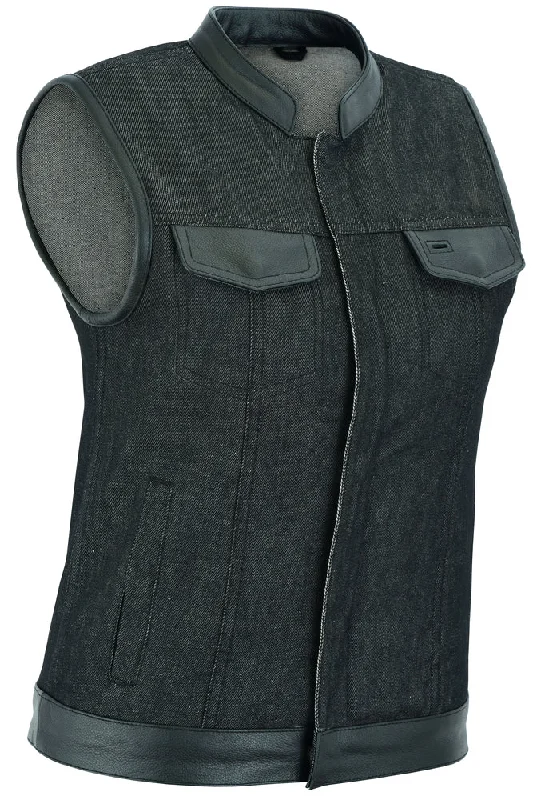 Casual Women's Clothing DM963 Women's Rough Rub-Off Raw Finish Denim Vest W/Leather Trim