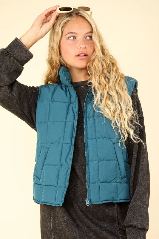 Online Boutiques Affordable Zip-Up Puffer Vest - Blue