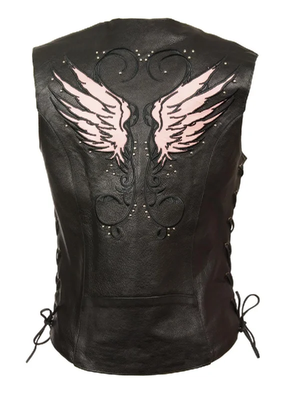 Women's Evening Attire Milwaukee Leather ML1293 Women's Black and Pink ‘Wing Studded’ Leather Vest