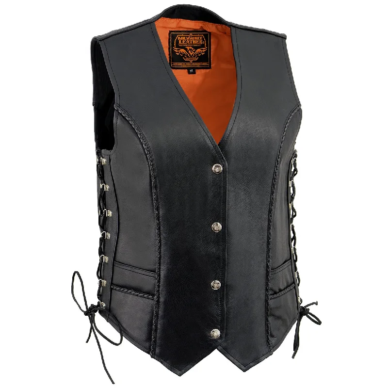 Women's Office Attire Milwaukee Leather ML2042 Women's Black Thin Braid Premium Leather Side Lace Motorcycle Rider Vest w/ Front Snap Closure