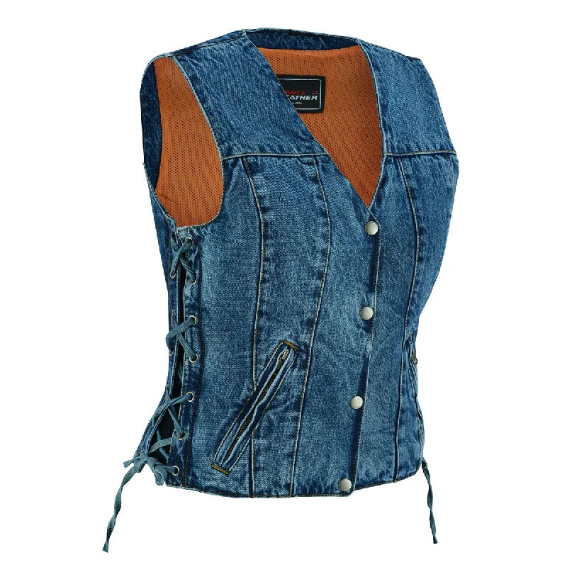 Women's Night-Out Outfit VB1045BL Women's Blue Denim V Neck Vest with Snap opening & side laces