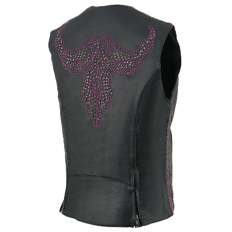 Women's Elegant Evening Attire Milwaukee Leather MLL4570 Women's Studded Phoenix Black/Purple Leather Motorcycle Vest w/ Embroidery Art