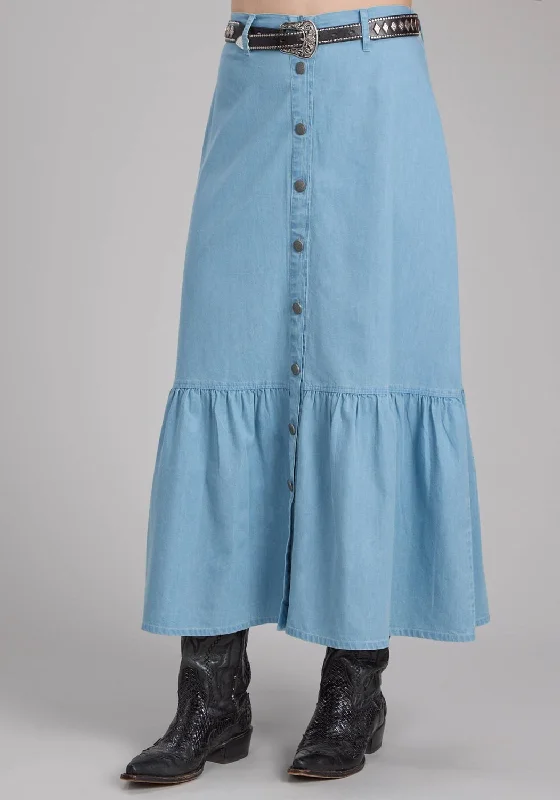 Women's Street Style Casual Wear Roper Womens Maxi Length Ruffle Blue 100% Cotton Skirt Women's Street Style Casual Wear Roper Womens Maxi Length Ruffle Blue 100% Cotton Skirt