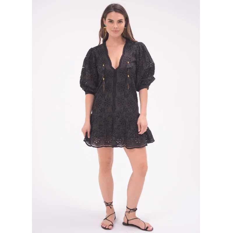 Women's Fashion Clothes Black Eyelet Popover Flounce Dress