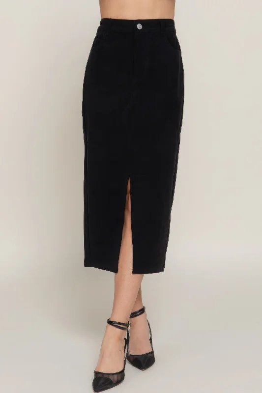 Trendy Online Boutiques Front Open Slit Corduroy Midi Skirt