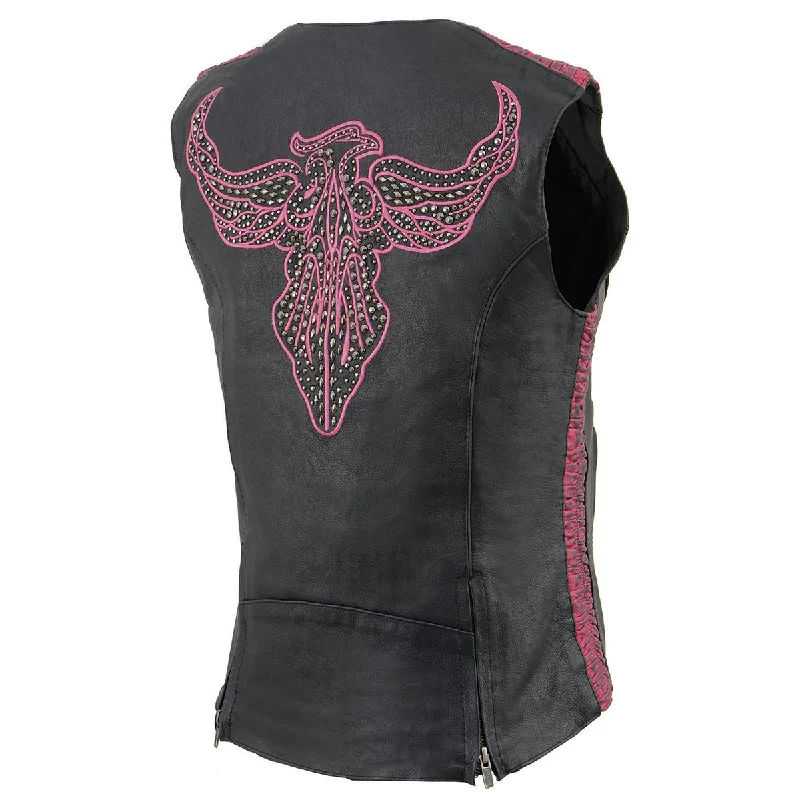 Casual Outfit For Women Milwaukee Leather MLL4570 Women's Studded Phoenix Black/Fuchsia Leather Motorcycle Vest w/ Embroidery Art