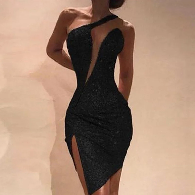 Women's Fashionable Attire For Work DressBetty - Plus Size Women's Dresses Sexy Clod Shoulder Sequins Split Sleeveless Nightclub Party Sleeveless Mini Dress For Women