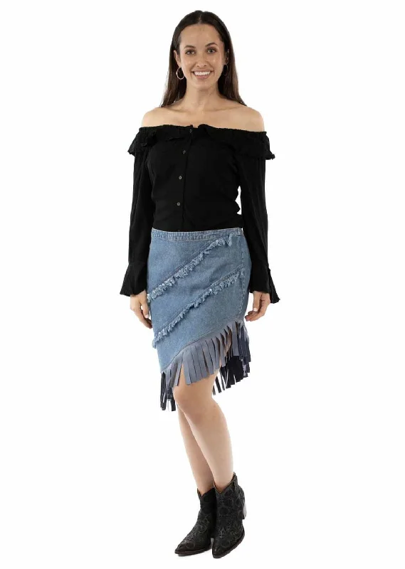 Flash Sales Today Scully Womens Asymmetrical Fringe Bottom Blue 100% Cotton Skirt