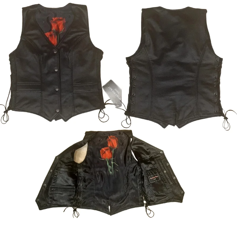 Women's Outfit Ladies Black Leather Vest with Red Rose Lining 263