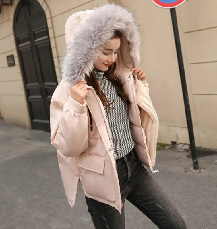 Women's Luxury Apparel Womens Winter Short Puffy Coat with Hood in Pink