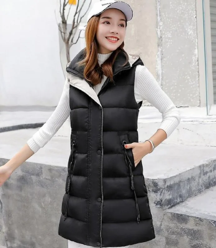 Women's Stylish Vacation Attire Womens Classic Black High Collar Hooded Puffer Winter Vest