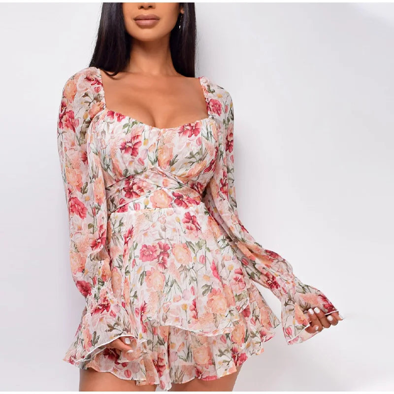 Women's Comfy Loungewear Outfit FashionSierra - 2024 Square Collar Lace Up Floral Mini Dress