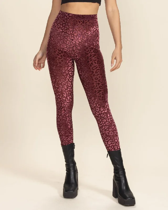 Stylish Everyday Clothing Women's Velvet Leggings | Red Crimson Burnout Leopard