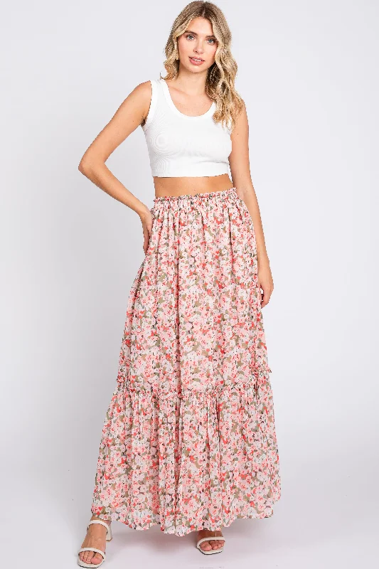 Women's Chic Outfit Pink Smocked Waist Tiered Maxi Skirt