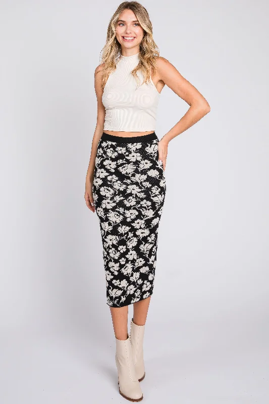 Casual Dresses for Women Black Floral Knit Midi Skirt