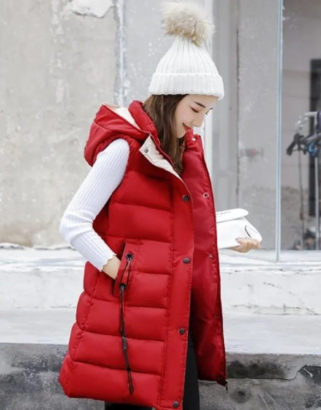 Women's Outerwear Garments Womens High Collar Hooded Puffer Winter Vest in Red