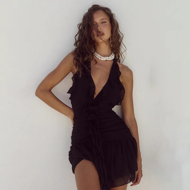 Women's Effortless Casual Outfit Summer Hanging Neck V-Neck Fashion Slim Fit Off Back Mini Dress Women's Effortless Casual Outfit Summer Hanging Neck V-Neck Fashion Slim Fit Off Back Mini Dress