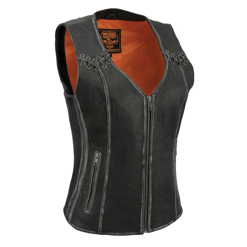 Women's Chic Outerwear Attire Milwaukee Leather MLL4526 Women's Distress Grey Leather Motorcycle Rider Vest- Stretch Side Panel W/ Lacing Detail