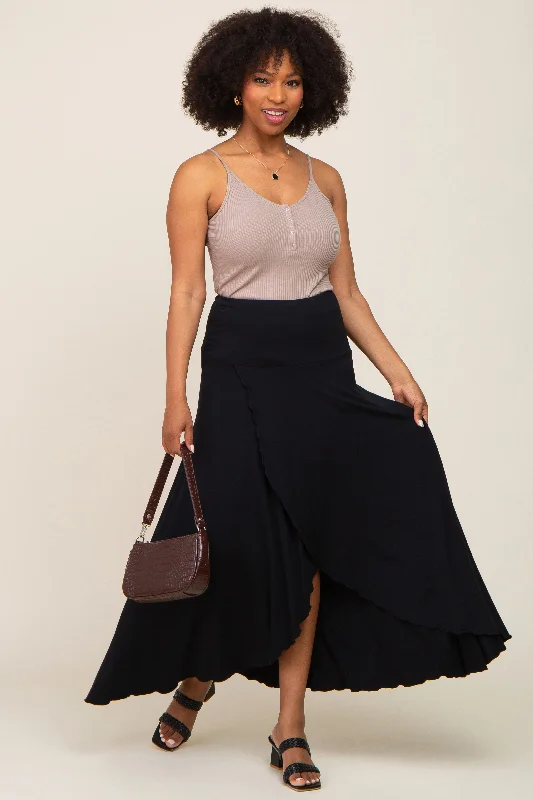 Casual Apparel For Women Black Hi-Lo Lettuce Hem Maxi Skirt