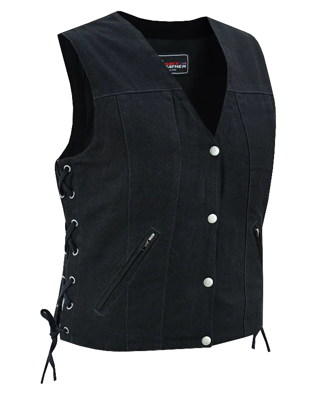 Stylish Women's Attire VB1045BK Women's Black Denim V Neck Vest with Snap opening & side laces