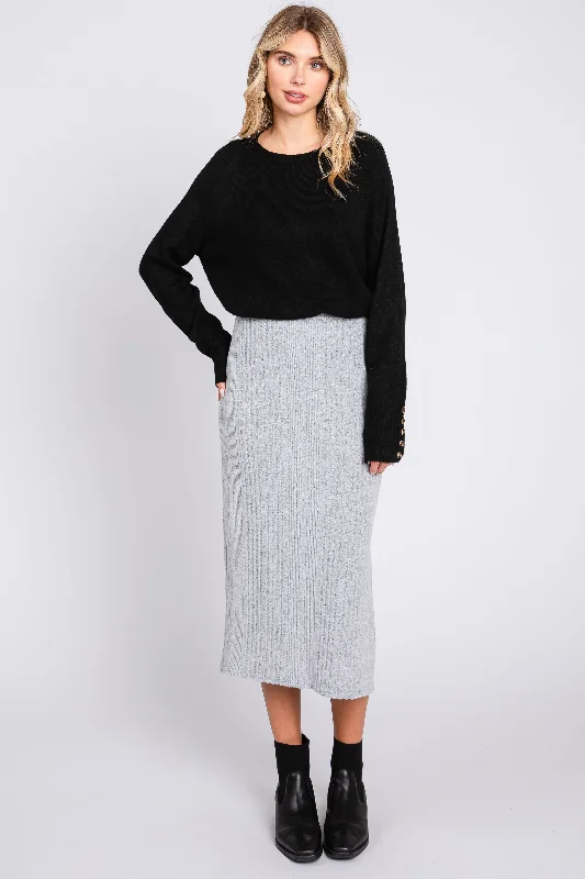 Women's Evening Outfit Heather Grey Soft Knit Ribbed Side Slit Midi Skirt