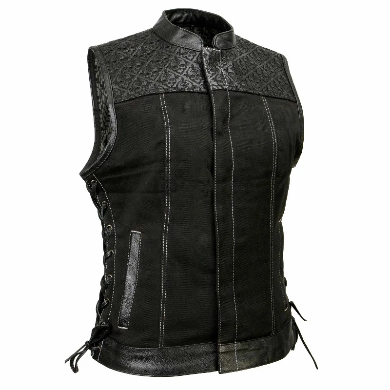 Holiday Discount Milwaukee Leather MDL4052 Women's 'Skelly' Black Motorcycle Denim Vest w/ Skull Embroidery