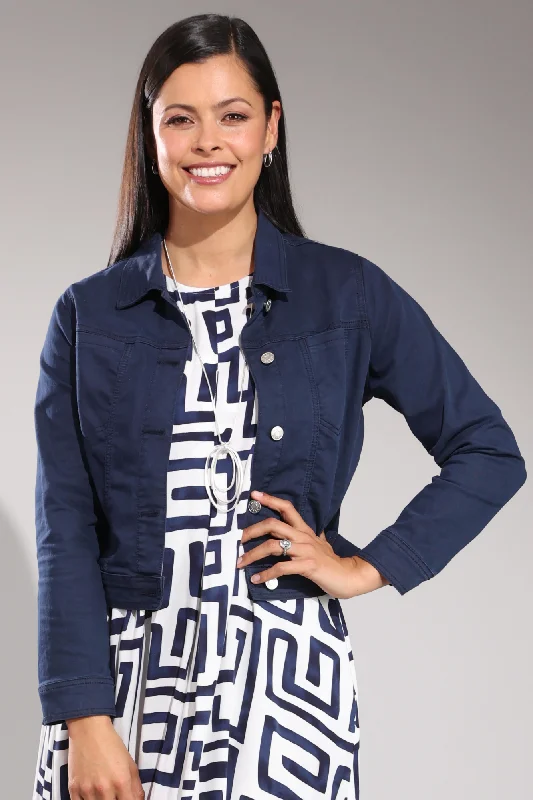 Women's Vintage-Inspired Clothing Stretch Coloured Cotton Crop Jacket | NAVY | 6921A1 Women's Vintage-Inspired Clothing Stretch Coloured Cotton Crop Jacket | NAVY | 6921A1
