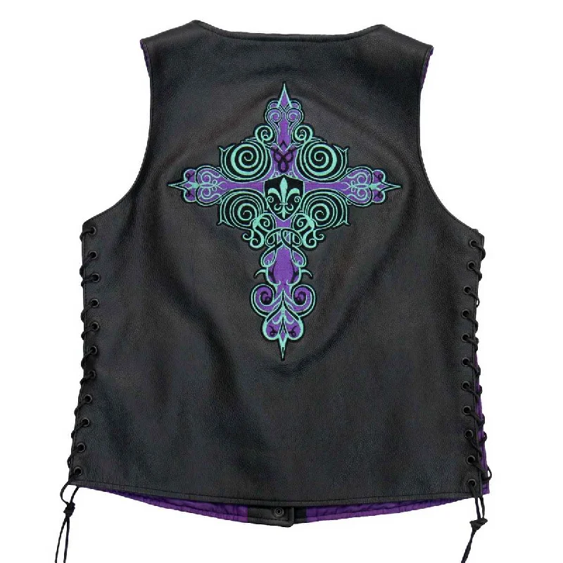 Women's Seasonal Attire Hot Leathers VSL2001 Ladies Black 'Fleur De Lis Cross' Leather Vest