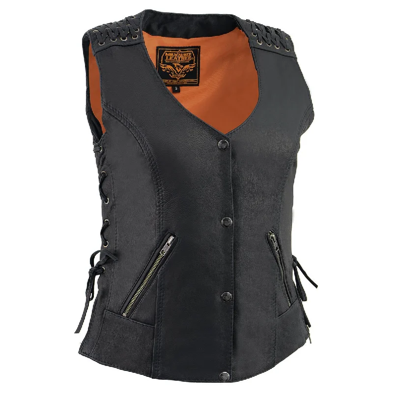 Women's Street Style Casual Wear Milwaukee Leather MLL4525 Women's Black Leather Lightweight Lace to Lace Lower Zip Expansion Motorcycle Rider Vest