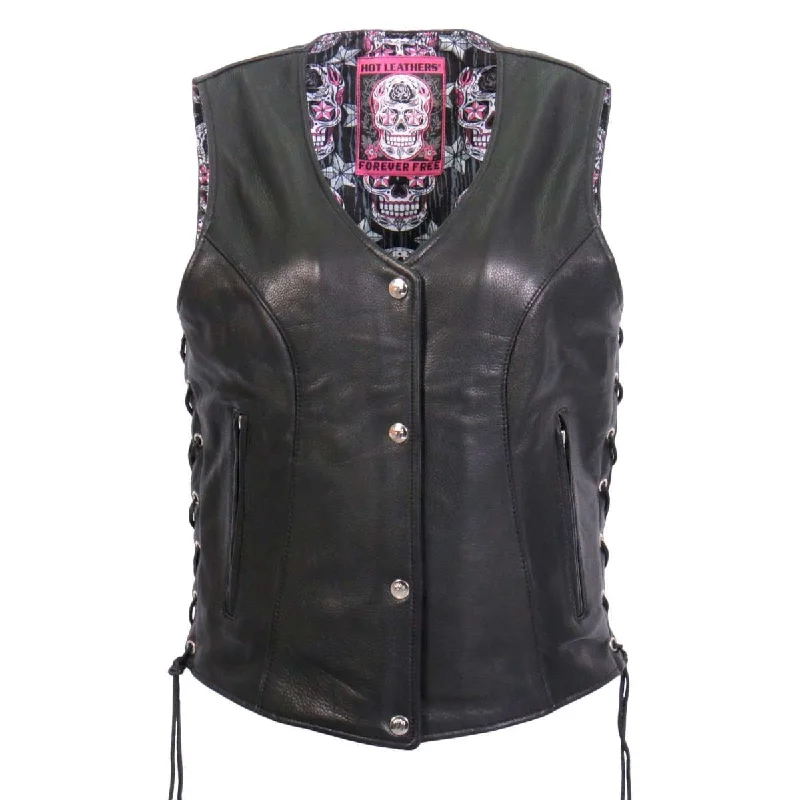 Women's Comfortable Lounge Attire Hot Leathers VSL1017 Ladies 'Sugar Skull' Lined Black Leather MC Vest