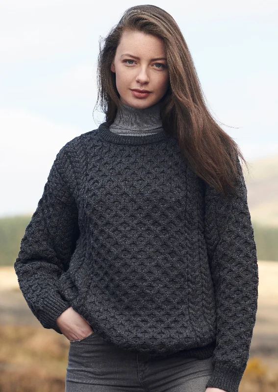 Stylish Women's Clothing Aran Crew Neck Merino Sweater | Charcoal