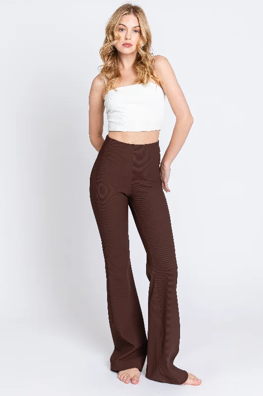 Affordable Women's Clothing Sale Online Brown Ribbed Flared Leggings