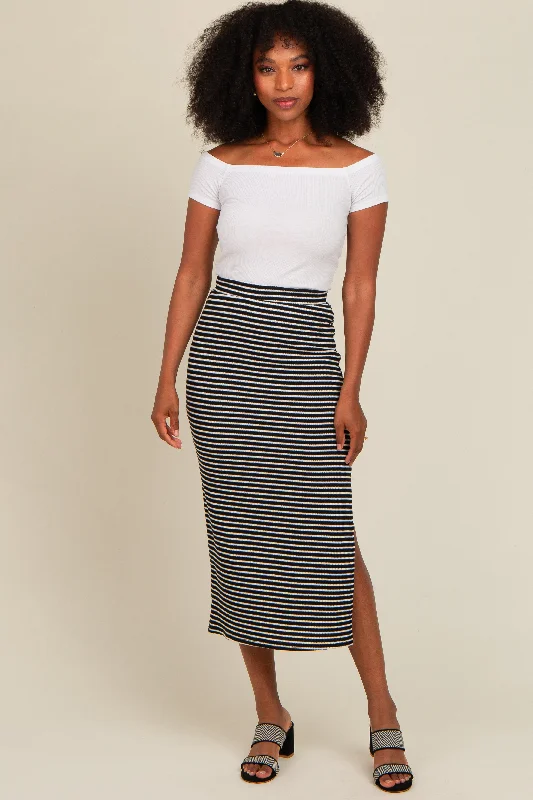 Women's Clothes for All-Day Comfort and Style Black Striped Fitted Side Slit Midi Skirt Women's Clothes for All-Day Comfort and Style Black Striped Fitted Side Slit Midi Skirt
