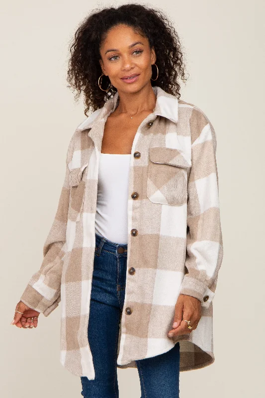 Affordable Women's Clothing Beige Plaid Brushed Long Shacket